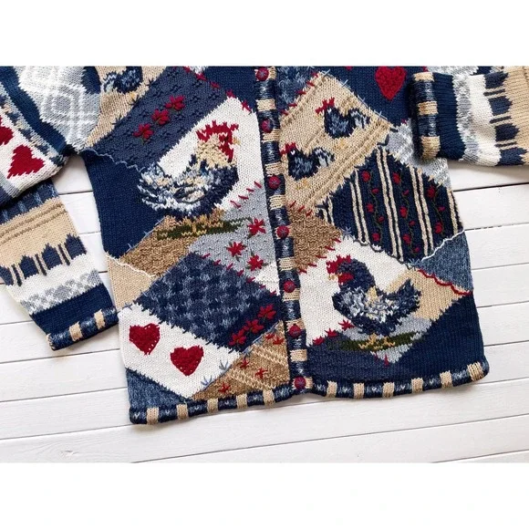 Stitches in Time vtg blue chicken rooster farm embroidered cardigan‎ sweater